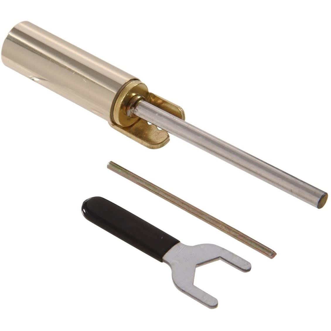 Brass hinge pin door closer with metal rod and black-handled adjustment tool for furniture hardware projects