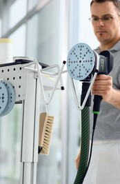 Modular workcenter accessory with sanding tool attachment and hooks for organized tools and home improvement tasks