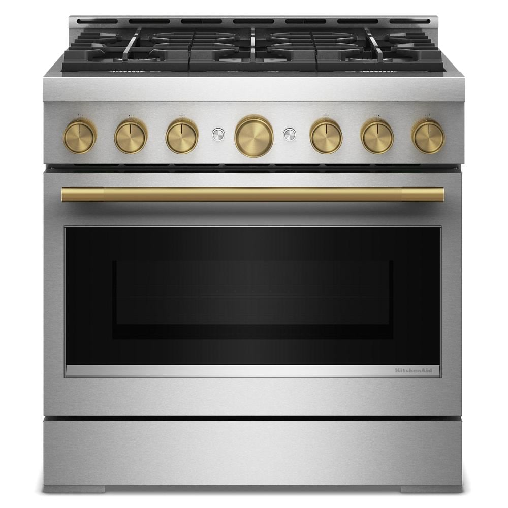 36-inch stainless steel gas range with six brass control knobs and gold handle in modern kitchenware collection
