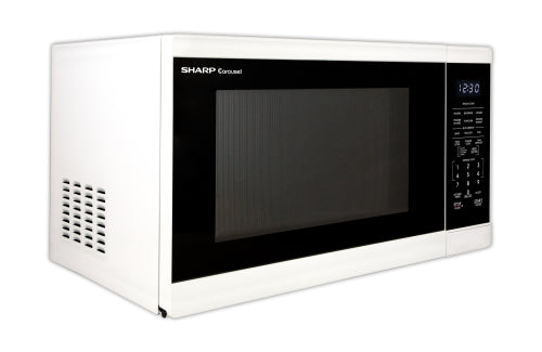 White 1.4 cubic foot countertop microwave oven with digital control panel and LED clock display from kitchen appliances collection