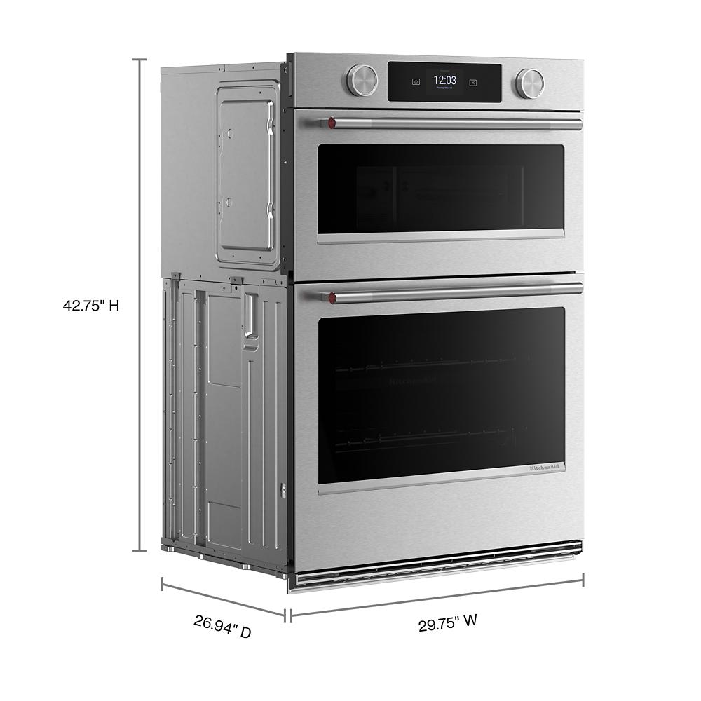 30-inch stainless steel smart electric combo wall oven with dual doors and LED touchscreen control panel