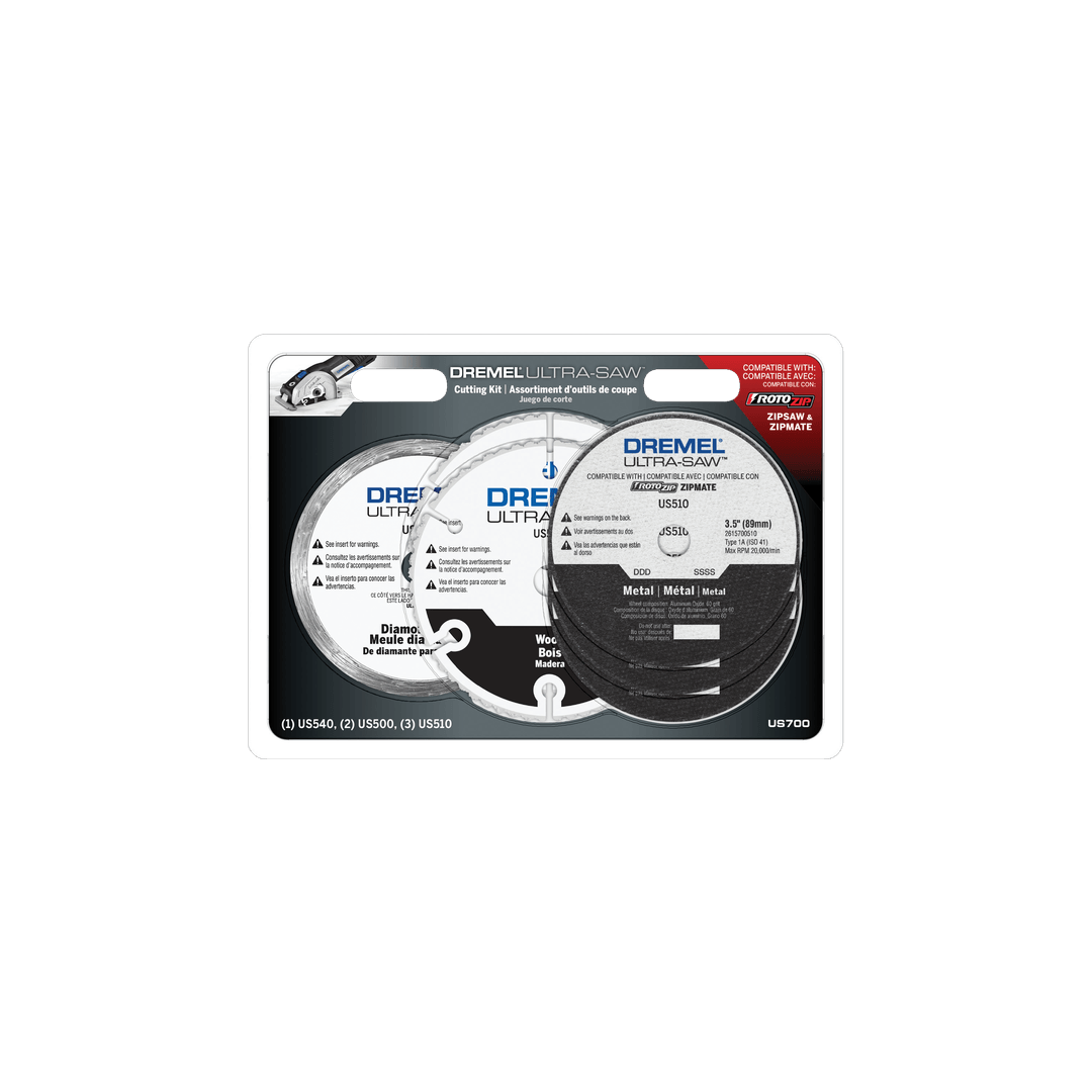 Set of six versatile cutting wheels for rotary tools compatible with metal, wood, and diamond cutting applications.