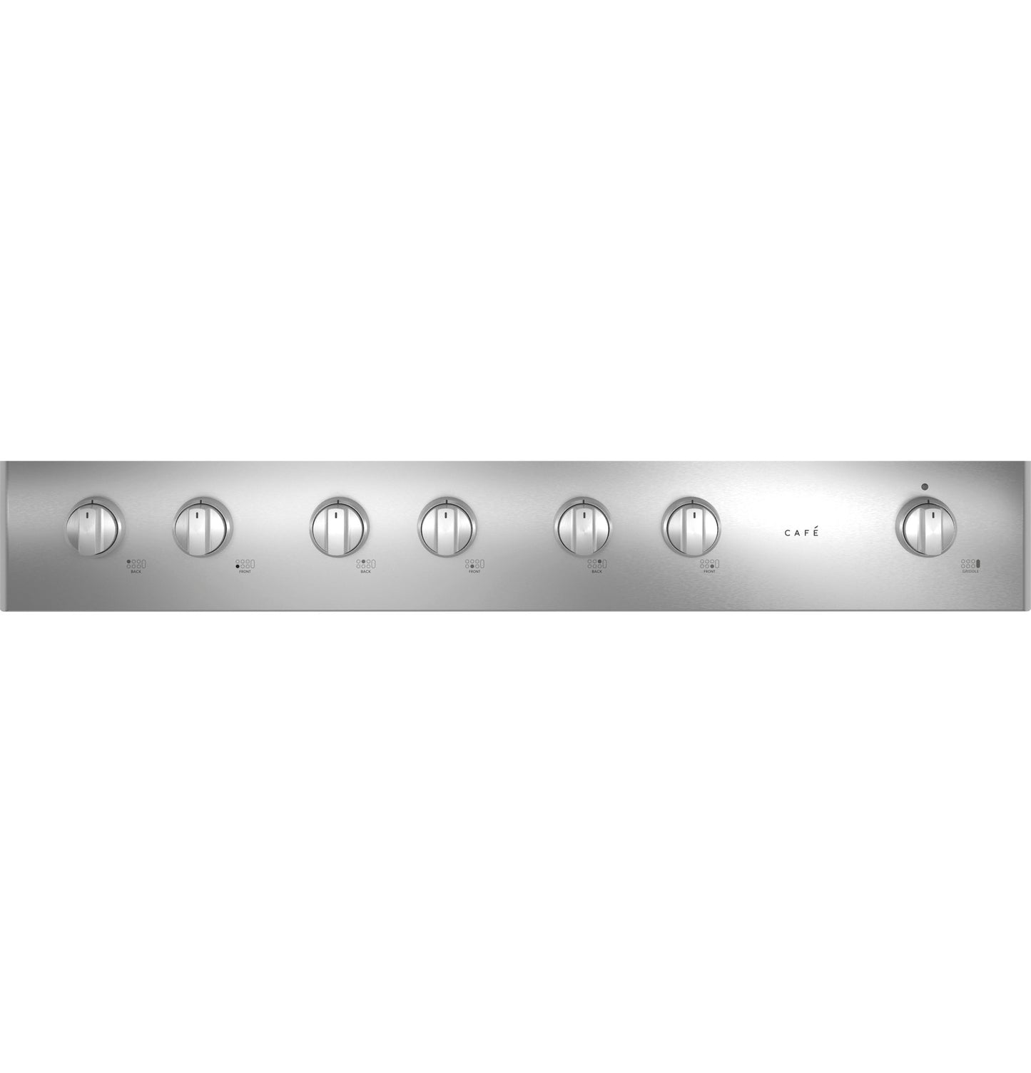 Stainless steel control panel with seven knobs for commercial-style gas rangetop in kitchen appliances collection