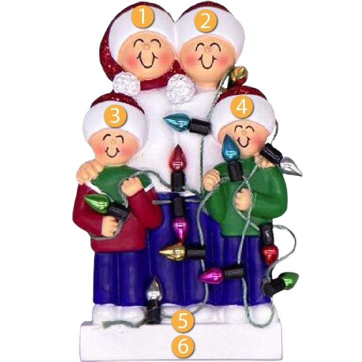 Family of four figurine ornament holding colorful Christmas string lights for holiday decorations under $50 collection