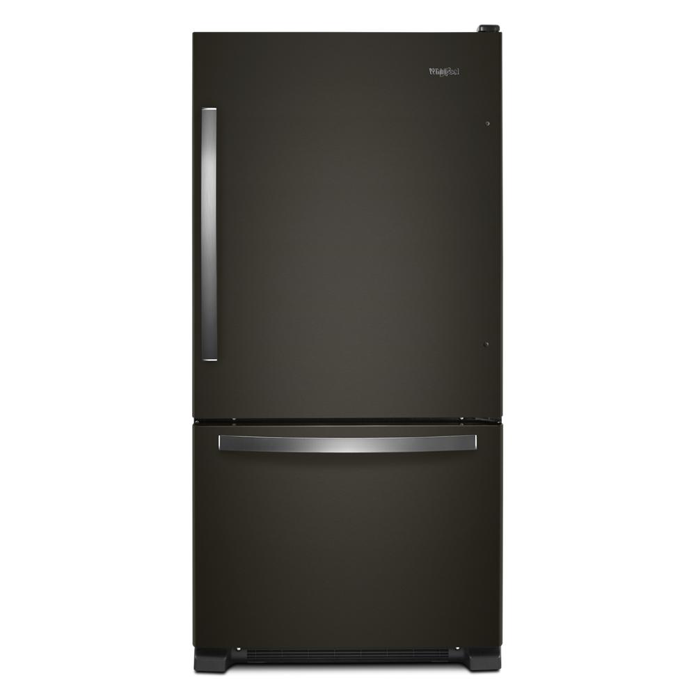 33-inch wide bottom-freezer refrigerator with matte black finish and stainless steel handles from Appliances collection