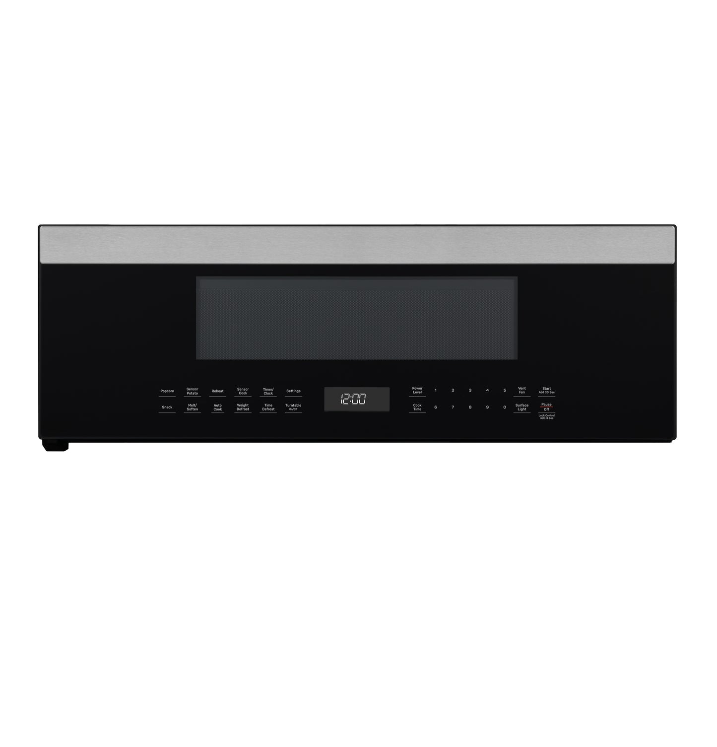 Black and stainless steel over-the-range microwave control panel with digital display in kitchen appliances collection