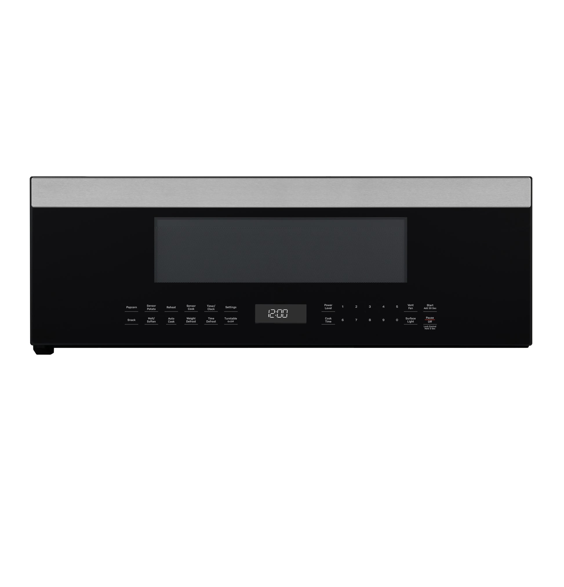 Black and stainless steel over-the-range microwave control panel with digital display in kitchen appliances collection