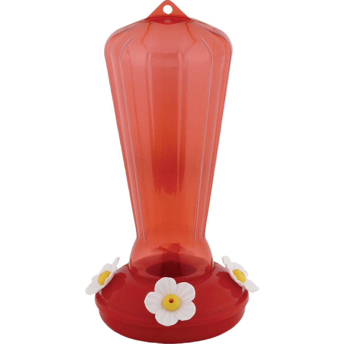 Red hummingbird feeder with white flower-shaped feeding ports for outdoor bird watching and garden use