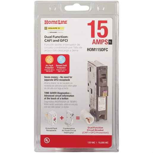 15-amp single-pole circuit breaker with dual arc fault and ground fault protection in retail packaging for home improvement