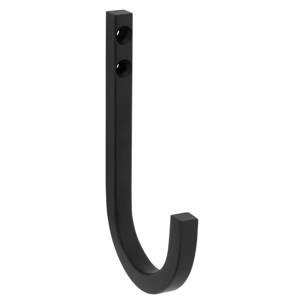 Matte black steel multipurpose hook with two mounting holes for storage and closet organization projects under $50