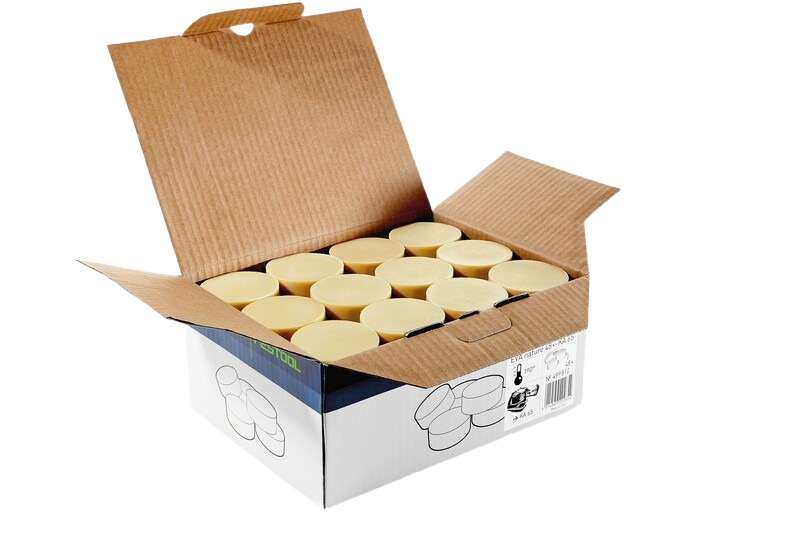 Open box containing natural tone adhesive edge banding rolls for woodworking and home improvement projects