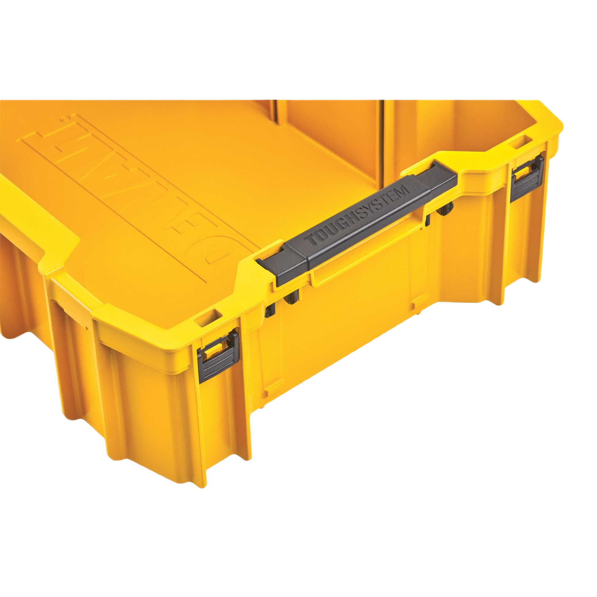 Yellow deep storage tray with black handles designed for organizing tools in workshop and jobsite settings