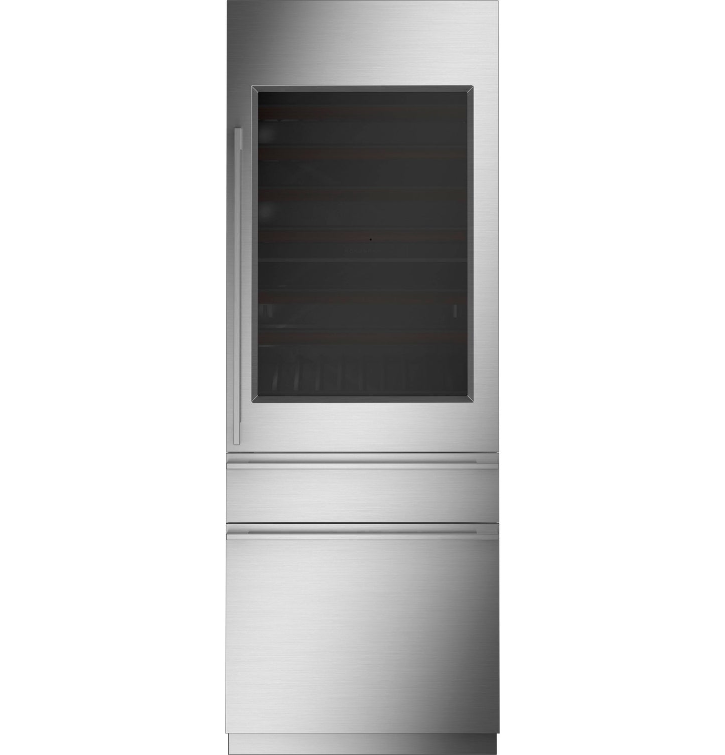 Stainless steel panel-ready fully integrated wine sommelier with glass door and wooden shelves in kitchen appliances collection