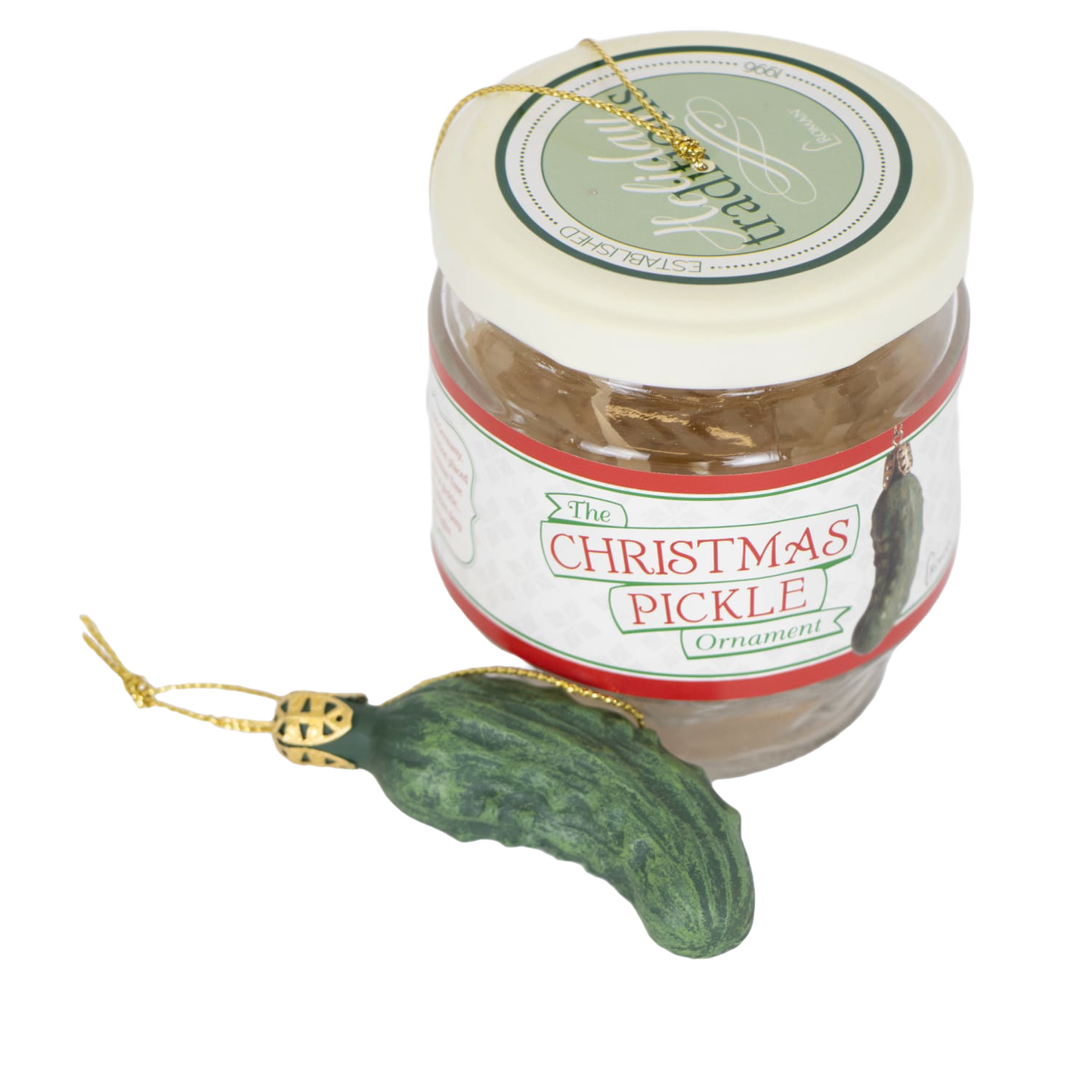 Glass jar with Christmas pickle ornament set featuring festive label and gold hanging string in holiday decor collection