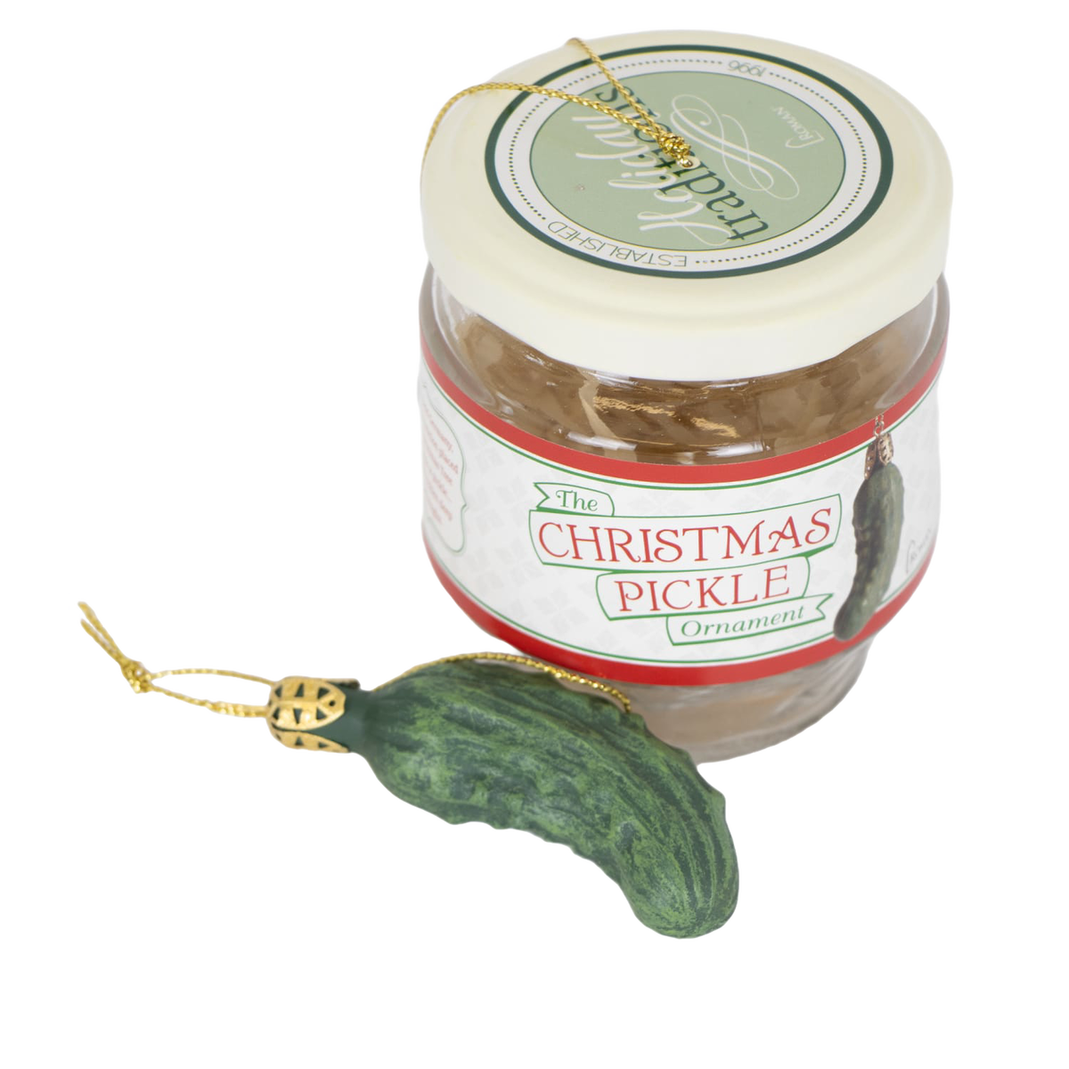 Glass jar with Christmas pickle ornament set featuring festive label and gold hanging string in holiday decor collection