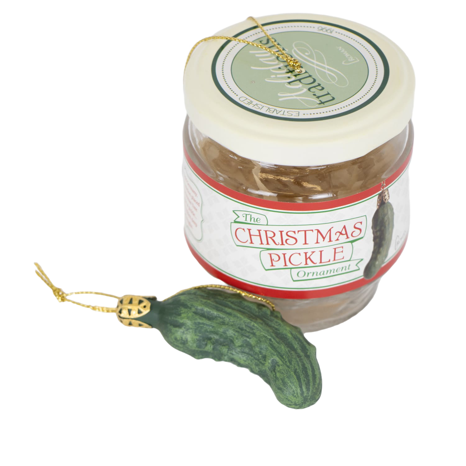 Glass jar with Christmas pickle ornament set featuring festive label and gold hanging string in holiday decor collection
