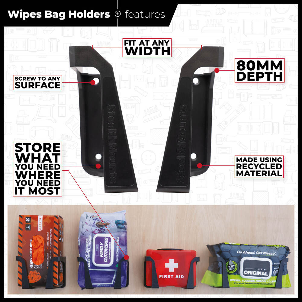Two black wipe holders made from recycled material, designed to fit wipe boxes up to 80mm deep for garage and dorm storage