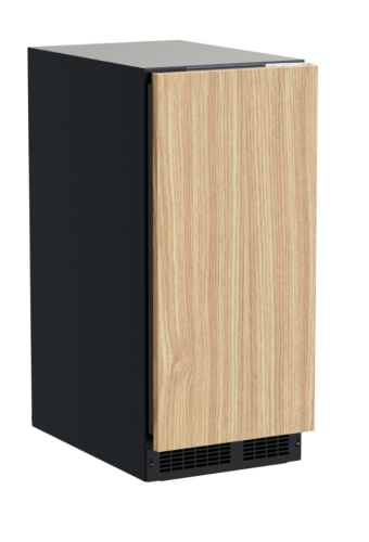 15-inch professional clear ice machine with wood grain door panel and black trim in kitchen appliances collection