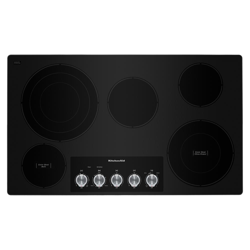 Black electric cooktop with five radiant elements and knob controls from KitchenAid appliances and cooktops collections