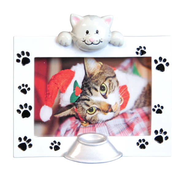 White cat-themed photo frame ornament with black paw prints and decorative cat figure from Christmas Ornaments & Tree Decorations collection