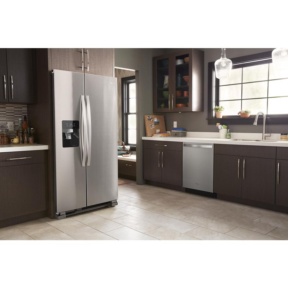 36-inch wide stainless steel side-by-side refrigerator with water dispenser in modern kitchen setting from appliances collection