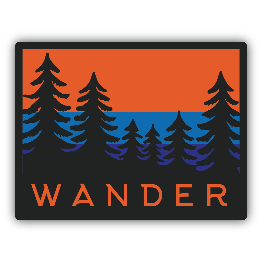 Sticker with silhouette pine trees against a sunset background and the word "WANDER" for outdoor enthusiasts