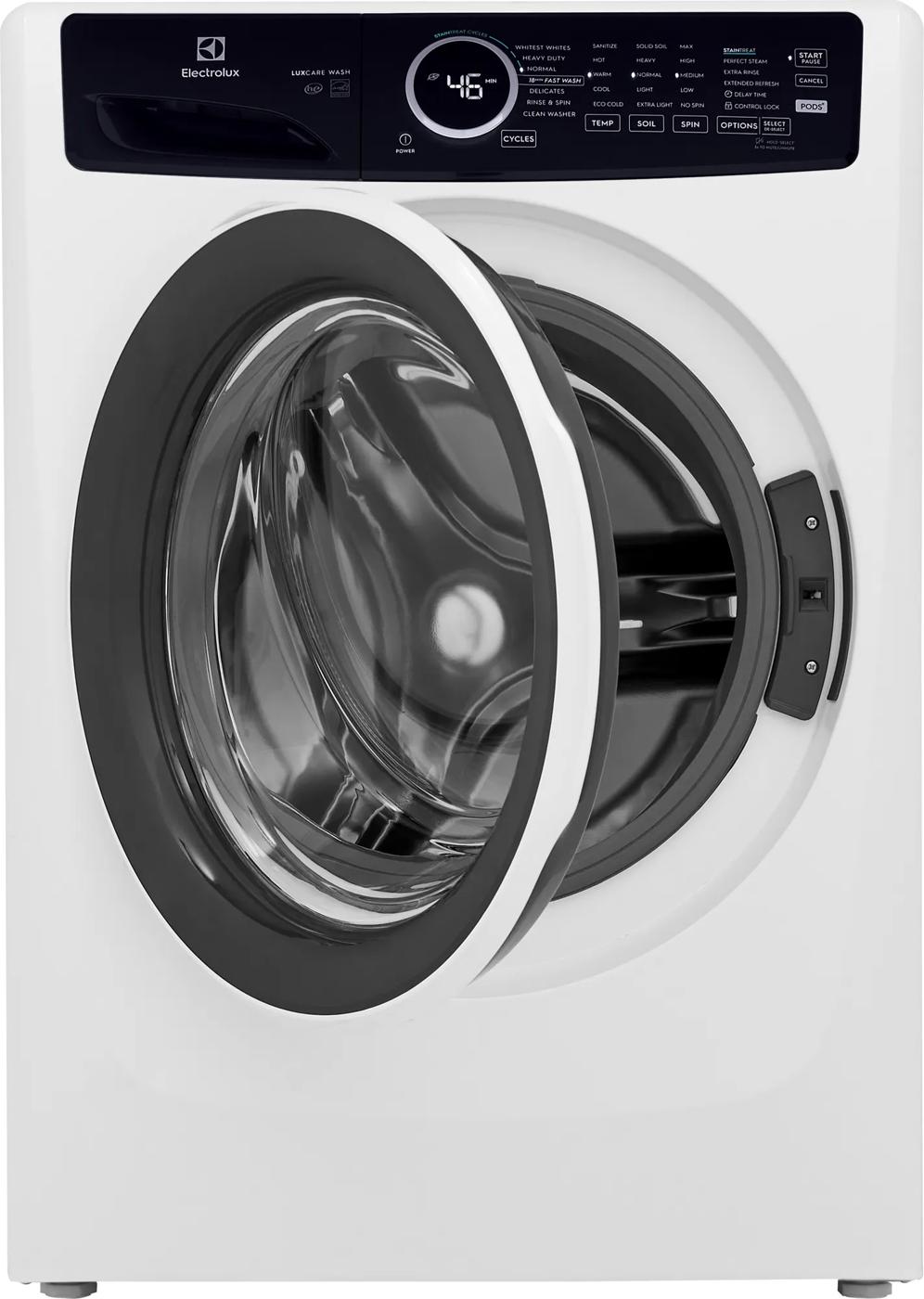 White front load washer with open door, digital control panel, and cycle options from front load washers collection