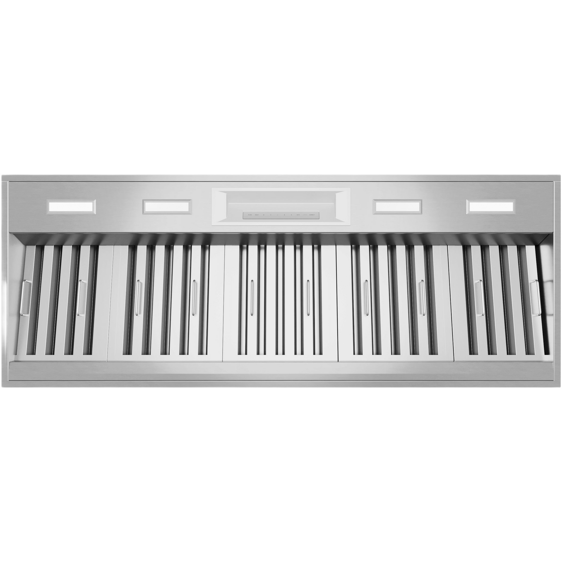 Stainless steel insert hood with modern vent design and digital controls in Over the Range Hoods and Appliances collections