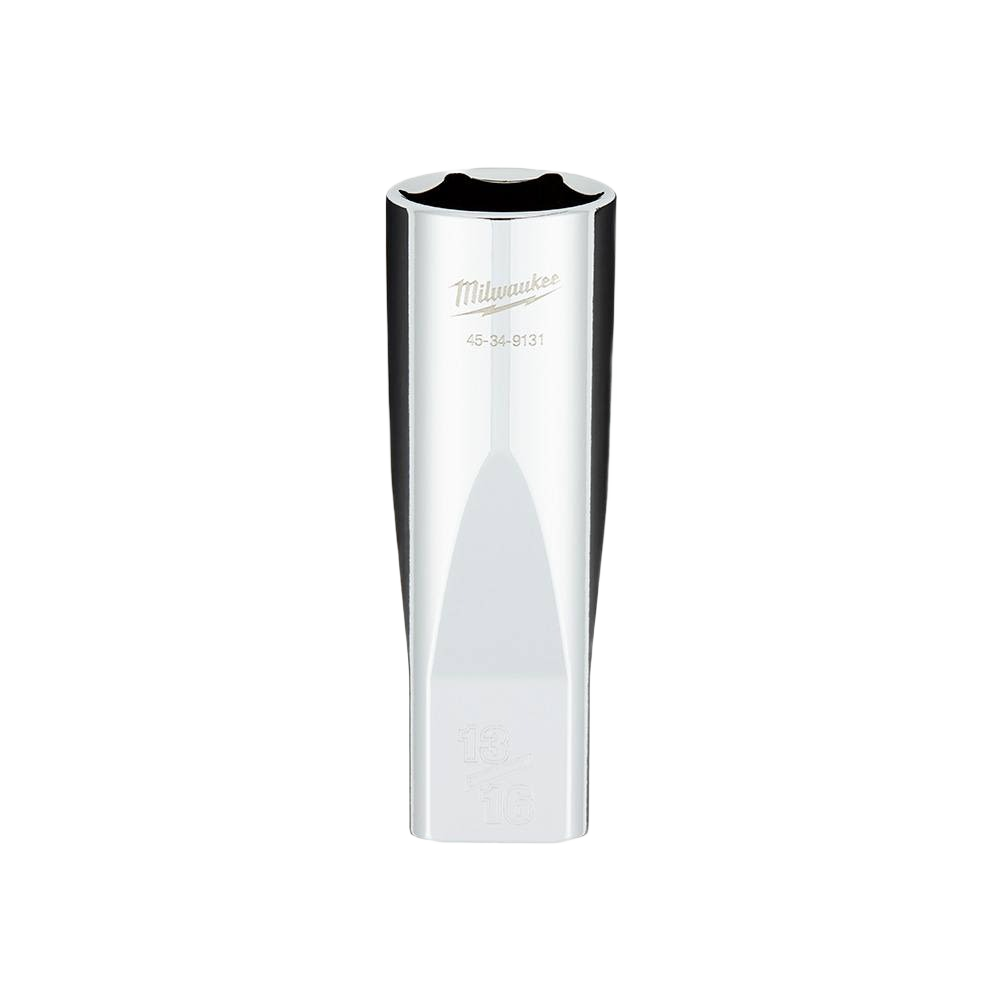 Chrome-finished 13/16 inch deep socket with four flat sides for secure grip in tools and home improvement tasks