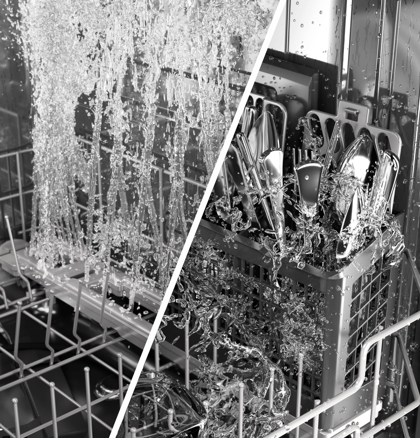 Water sprays over silverware and inside racks of stainless steel dishwasher from kitchen appliances collection