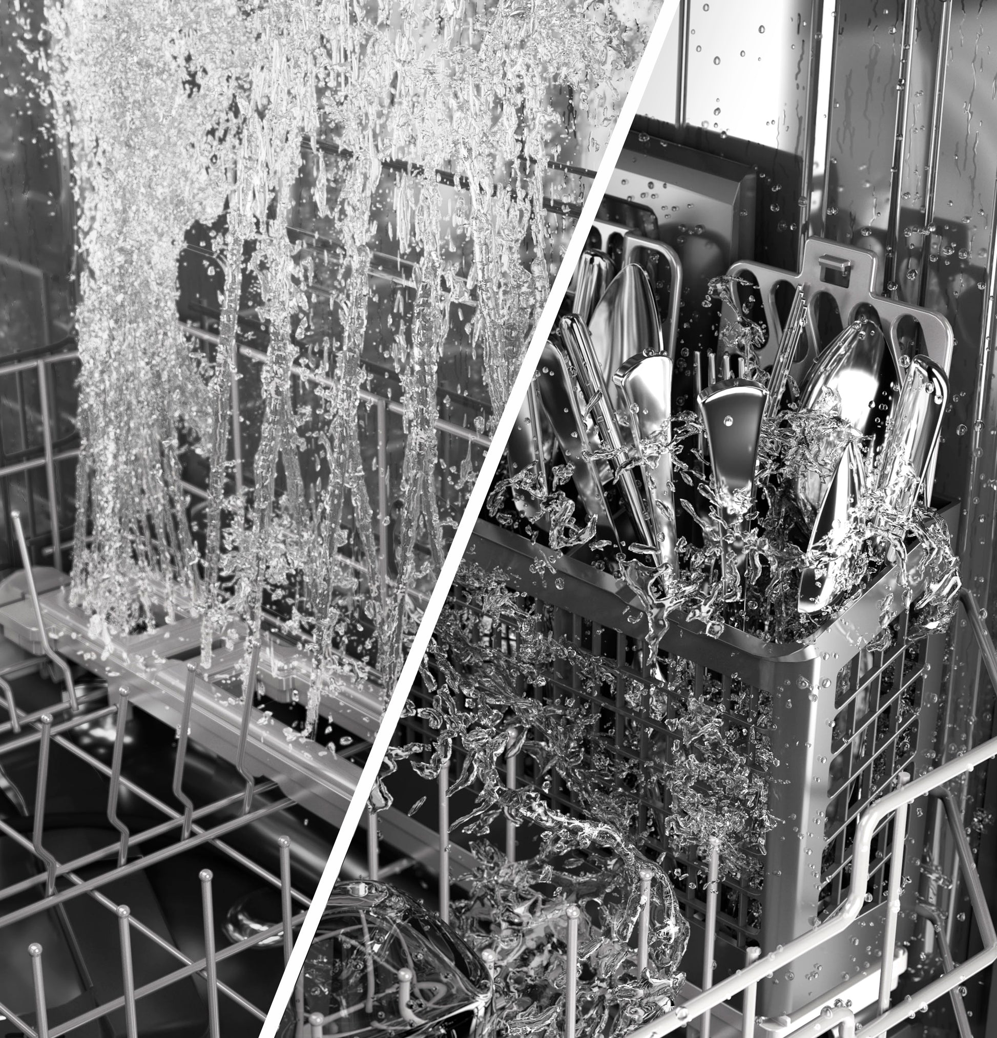 Water sprays over silverware and inside racks of stainless steel dishwasher from kitchen appliances collection