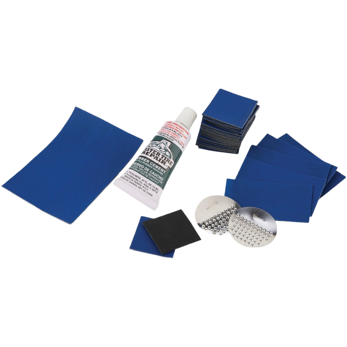 Tire repair kit with various blue patches, rubber cement tube, and metal roughening tools for parts and lubricants under $50