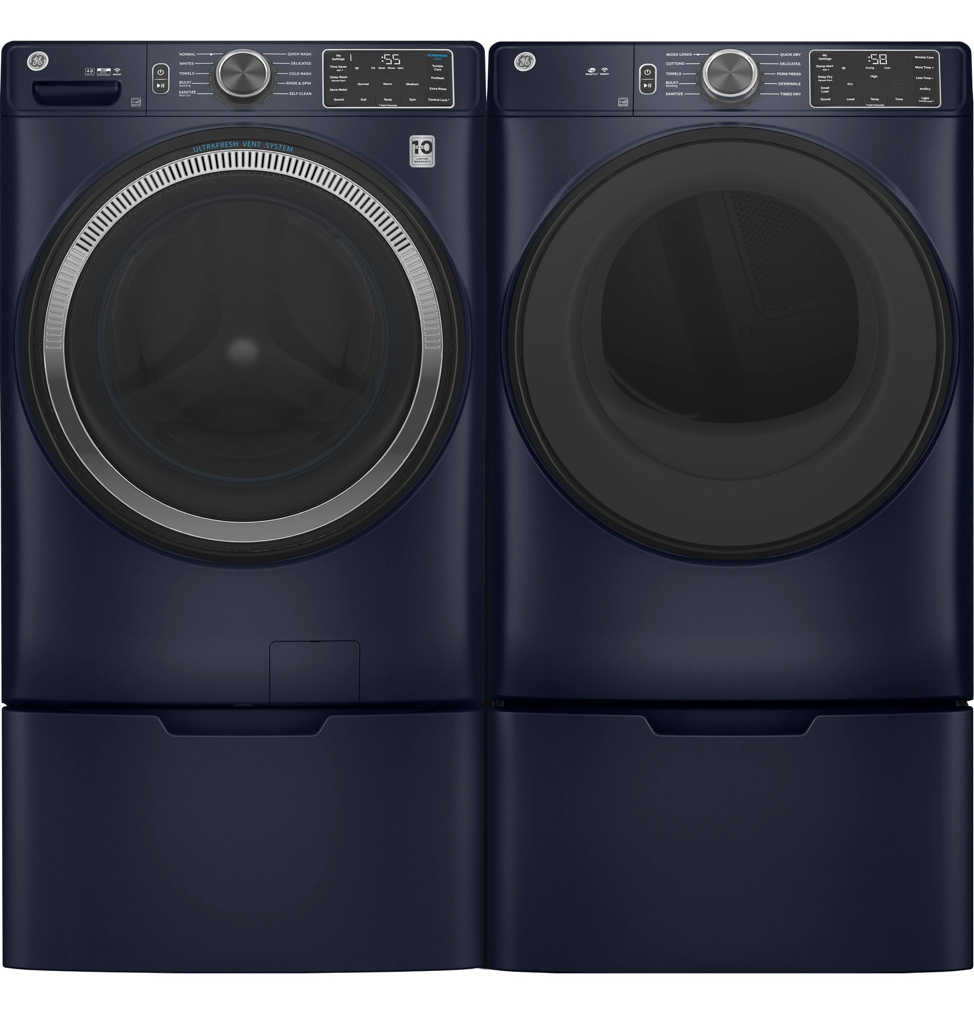 Dark navy front-load washing machine and dryer set with matching pedestals in laundry appliances and parts collection