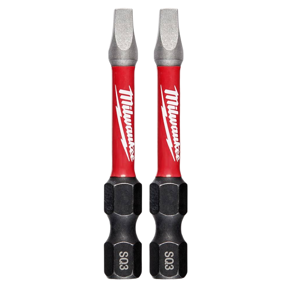 Pair of 2-inch SQ3 square impact bits with Wear Guard Tip technology for tool accessories and power tool use