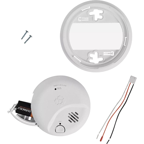 White ionization smoke and carbon monoxide alarm with mounting plate, wiring, screws, and battery for home safety installation