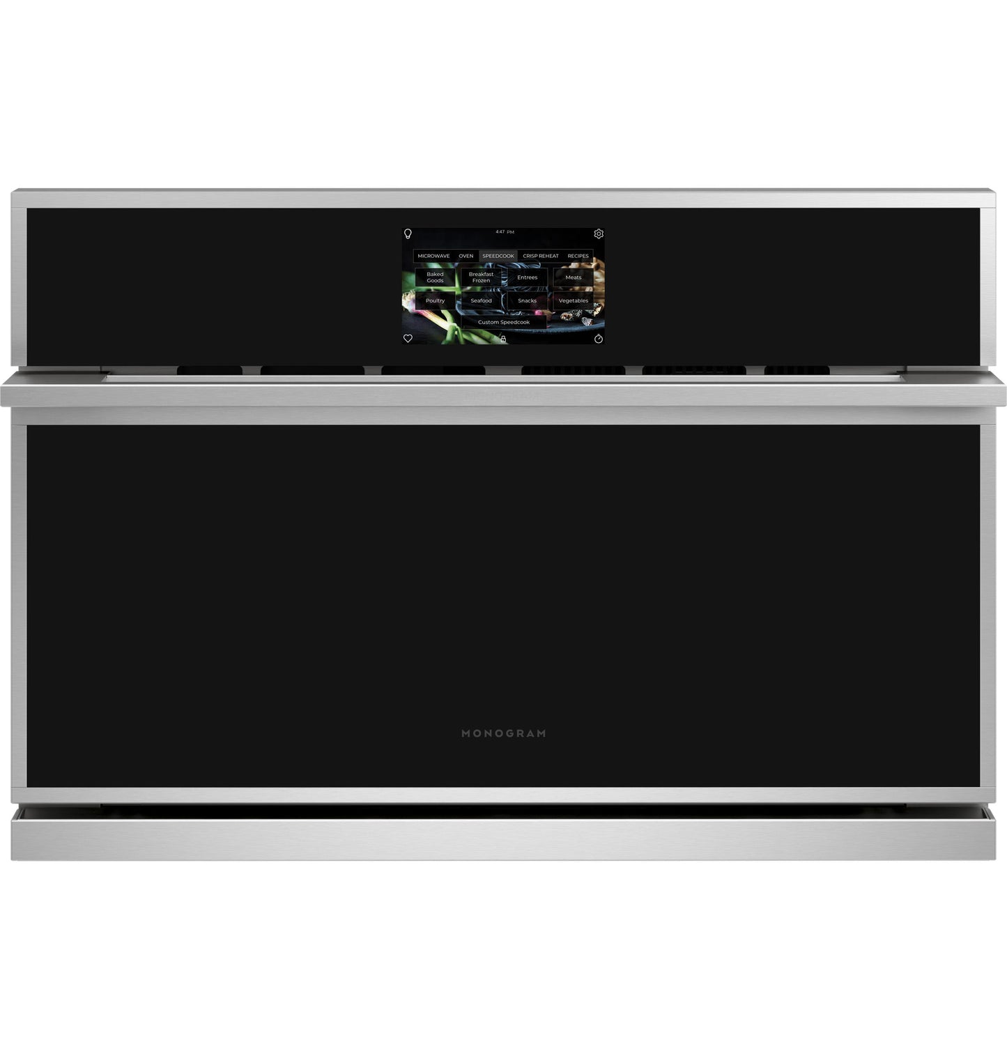 Stainless steel minimalist wall oven with touchscreen control and advanced cooking technology from kitchen appliances collection