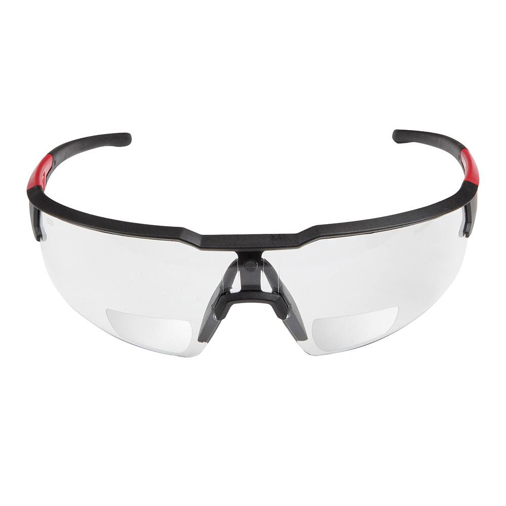 Clear protective eyewear with black and red frame and +2.00 magnification, part of safety gear under $50 collection