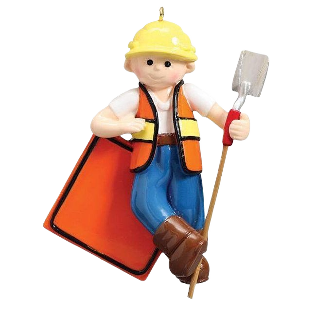 Construction worker ornament with yellow hard hat and orange safety vest, holiday decoration from Christmas Ornaments collection