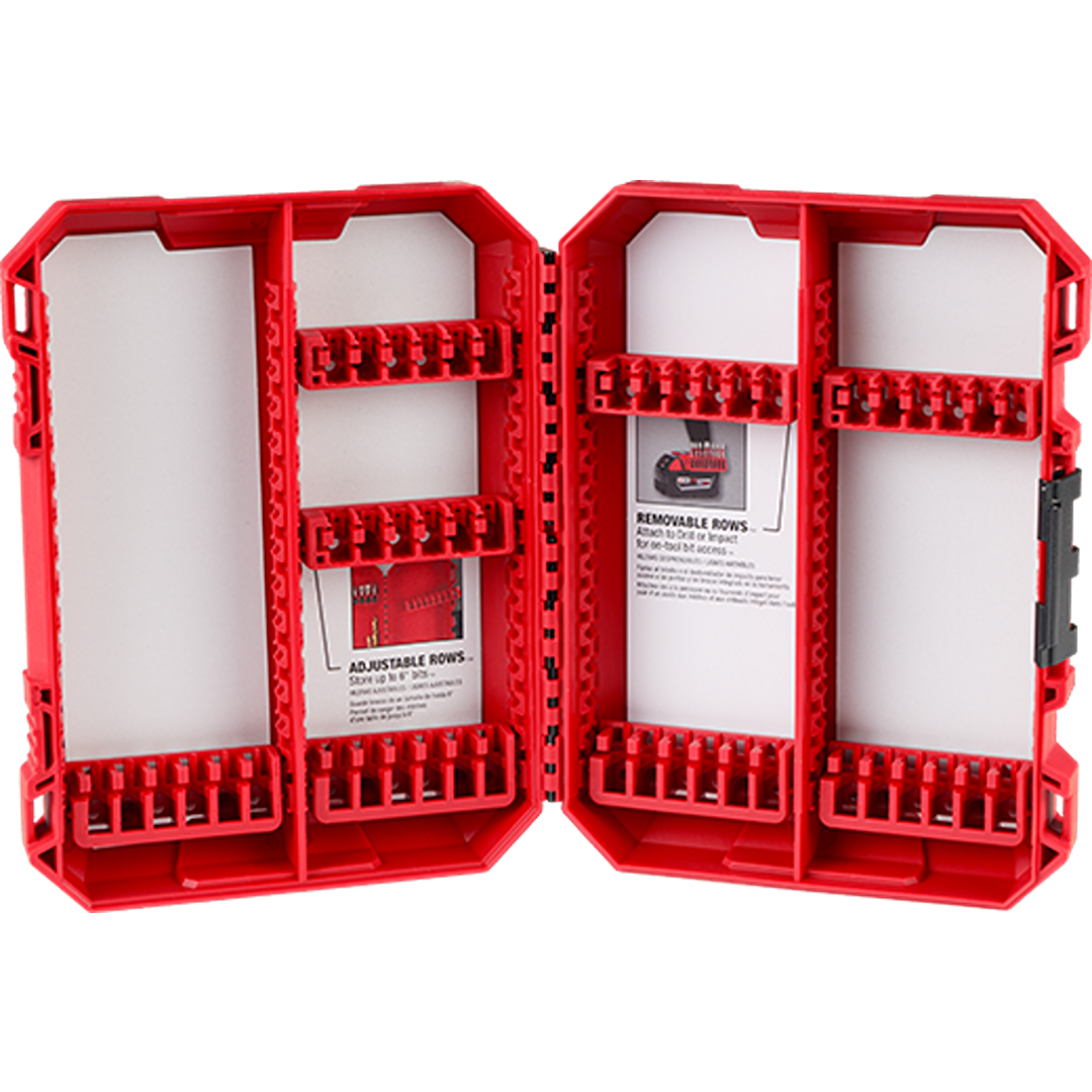 Red customizable storage case with adjustable rows for organizing impact driver accessories and tool bits