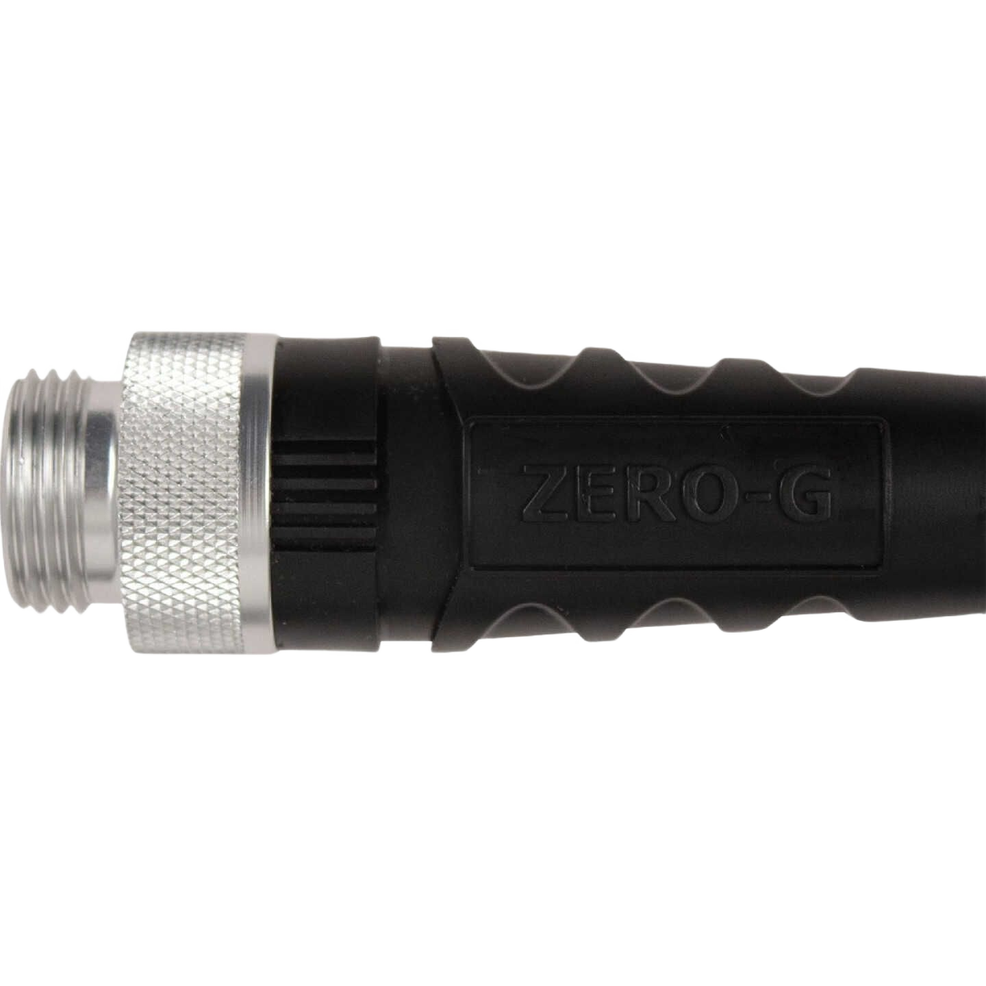 Close-up of metal threaded connector and black grip section on Zero-G garden hose for watering and irrigation use