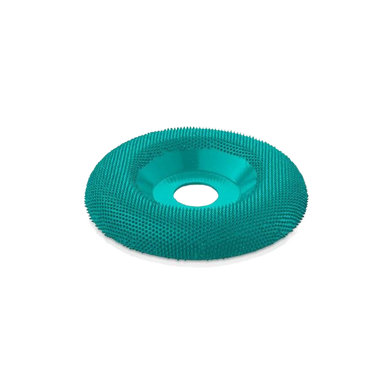 Medium-sized teal dish wheel with aggressive teeth for shaping in woodworking and under $100 tool collection