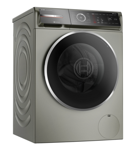 Pearl steel compact front-load washer with digital controls and circular black door in Bosch washers collection