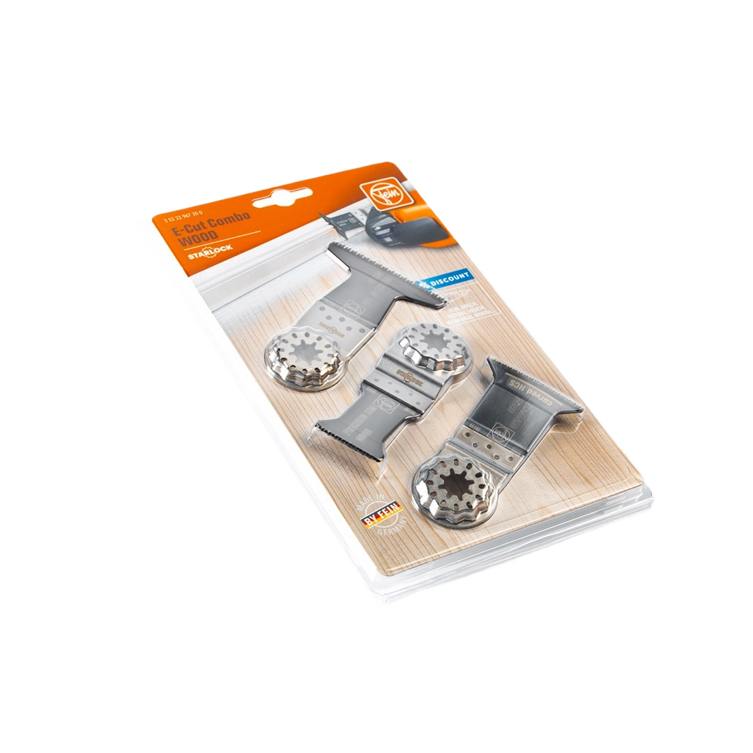 Three stainless steel Starlock multi-tool saw blades for precise wood cutting in home improvement projects