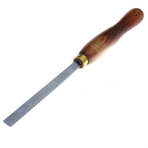 Woodworking tool with polished wooden handle and narrow metal blade for detailed scraping in home improvement tasks