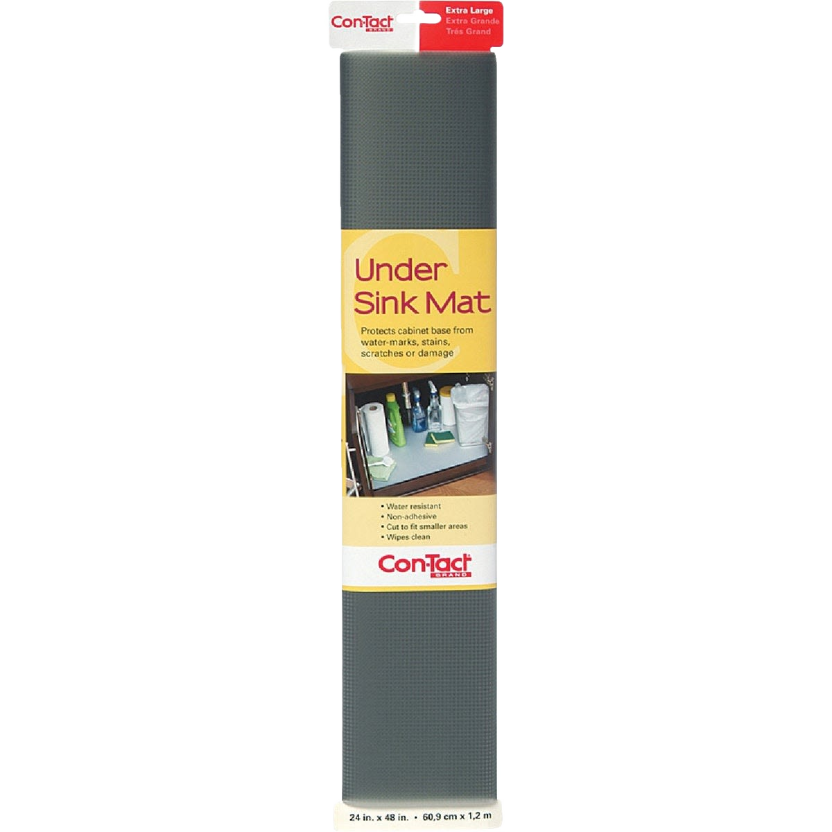 Graphite-colored non-adhesive under sink mat protecting shelves from water stains and scratches in kitchen storage collection