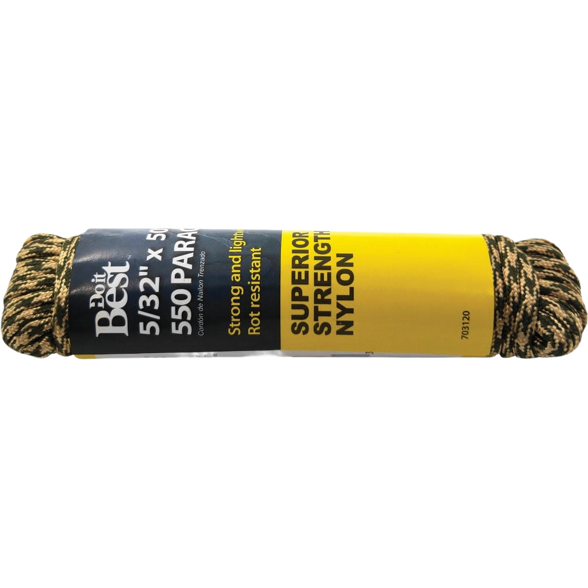 Camouflage-patterned nylon paracord measuring 50 feet, designed for durability and outdoor home improvement tasks