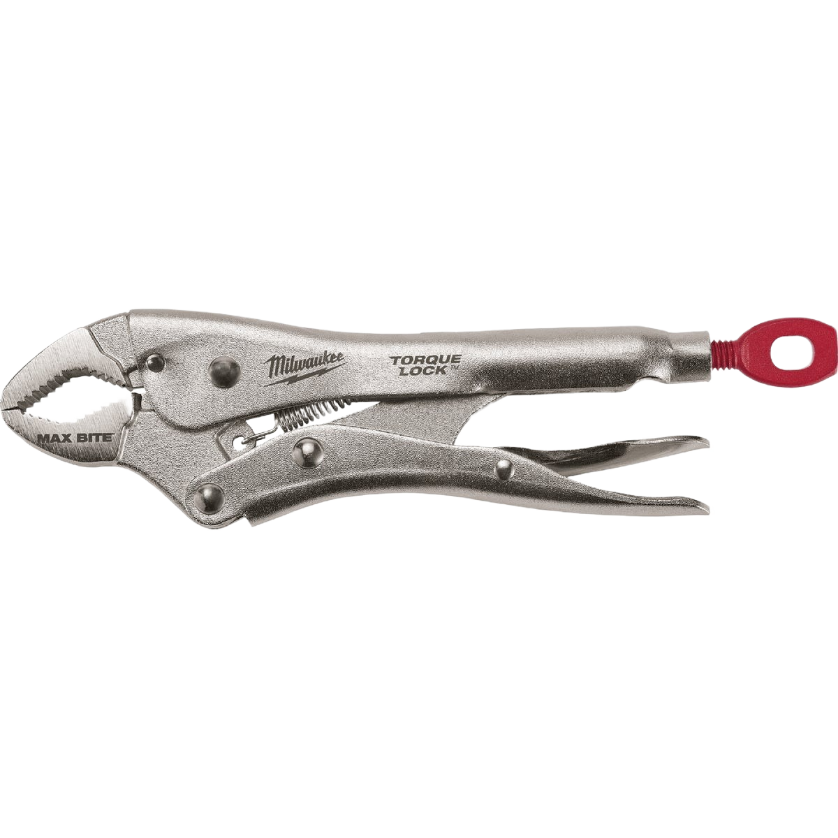 Curved locking pliers with metal finish, featuring torque lock and max bite gripping technology for tools and home improvement.