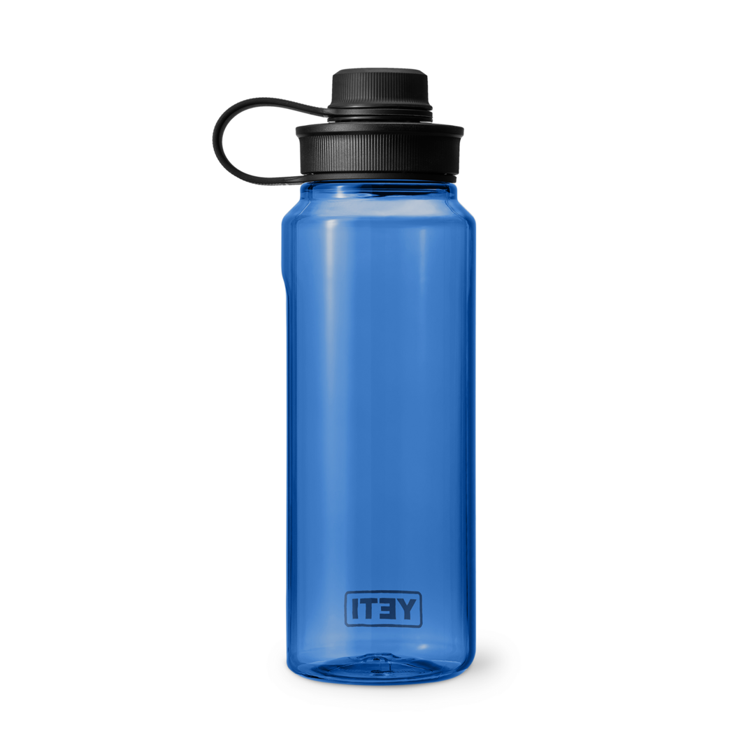 Blue 1-liter water bottle with black tether cap, durable drinkware for kitchen, tableware, and outdoor use collections