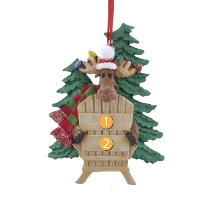 Moose sitting on a chair ornament with Christmas tree and stocking backdrop from holiday decorations collection