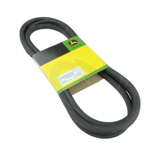 Black V-belt with John Deere branded yellow and green packaging for mower deck drive replacement in tools and home improvement
